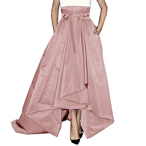 Women's Long Satin Bowknot Belt Maxi Skirt A-Line High-Low Prom Party Skirts with Pockets