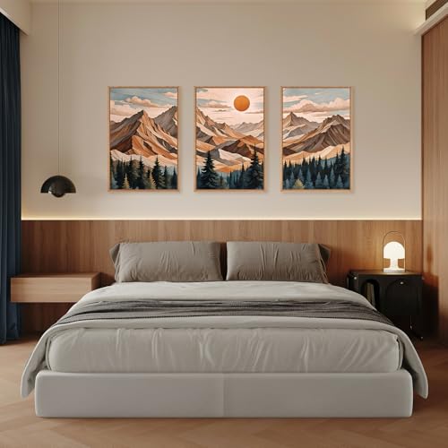 Image of KAIRNE Vintage Mountain Framed Canvas Wall Art Set,Boho Pine Tree Forest Wall Decor,Woodcut Wilderness Landscape Art Prints,Nature Sunrise Artwork for Living Room,Bedroom,Farmhouse,Office-24 x36 x3