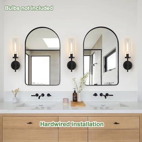 Image of Hardwired Wall Sconces Set of Two, Matte Black Bathroom Sconces with Clear Glass, Modern Wall Light Fixtures for Bathroom Mirror Vanity, Living Room, Bedroom, Hallway, Stairway, Cabinet, Foyer