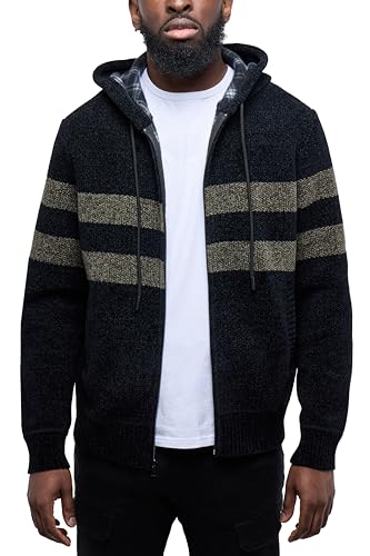 CULTURA AZURE Mens Zip Up Plaid Lined Knit Cardigan Hooded Sweater, Full Zip Classic Fit Sweater with Stripes & Lining