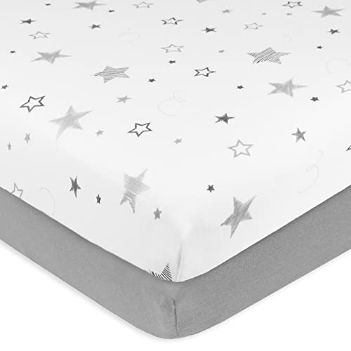 Image of American Baby Company 2 Pack 100% Natural Cotton Fitted Cradle /Bassinet Sheets 36 inch x 18 inch - Soft, Breathable & Hypoallergenic Bed Sheets, Gray and Super Stars, Neutral for Boys & Girls