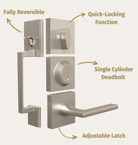 Image of Mega Handles - TOBELLE Silver Entry Door Handleset - Single Cylinder Handleset with Lever for Entrance and Front Doors - Modern Door Handles for Left and Right-Handed Doors - Straight Handle