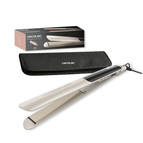 Cecotec Plancha de Pelo Estrecha - Cerámica - Lisse NanoSilk Essence Champagne. Revestimiento NanoSilk, Función HeatMax, 130-230ºC, Queratina y Aceite de Argán, Apagado Automático, Bolsa de Viaje