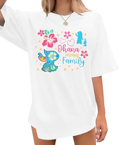 Ohana Means Family Tshirt Women Hawaiian Shirts Hawaii Tropical Graphic Tees Summer Beach Short Sleeve Tops White
