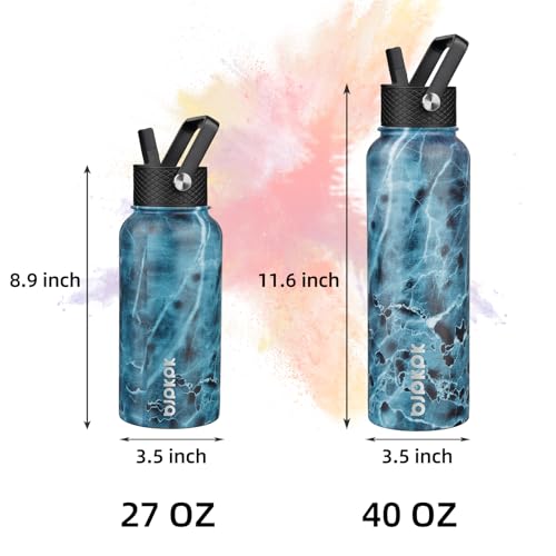 Image of BJPKPK Insulated Water Bottles with Straw Lid, 27oz Stainless Steel Water Bottle with 3 Lids, Leak Proof BPA Free Metal Thermo, Mugs, Tumblers, Keep Cold Hot -Ocean
