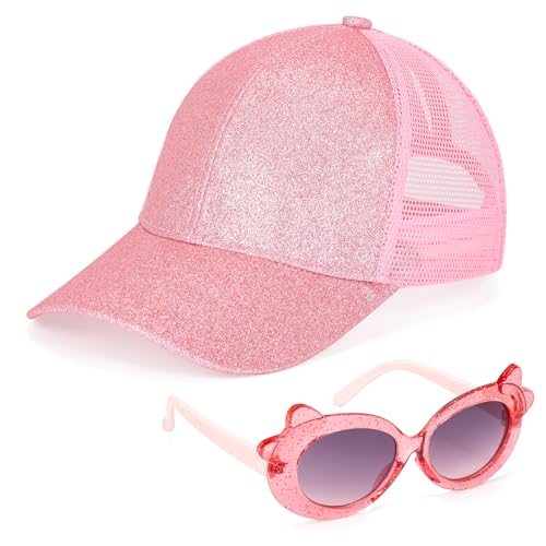 Girls Baseball Cap Kids Sunglasses, Glitter Sun Hat Breathable Mesh Ponytail Cap Trucker Cap Adjustable Summer Hat for Girls Outdoor Sports Pink