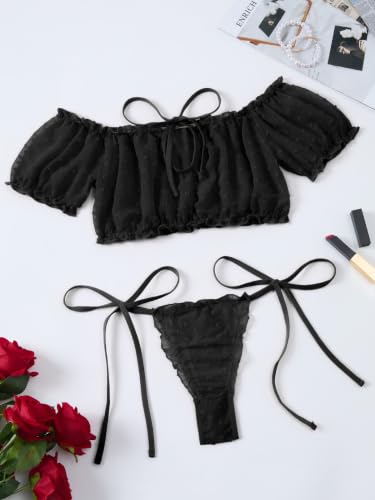Image of Lilosy Sexy Stretch Ruffle Tie Sheer Mesh Lingerie Set Outfits
