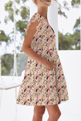 Image of nclook Womens Summer Casual Dresses Sweet Cute V Neck Mini Dress with Pockets Ruffle Short Sleeve