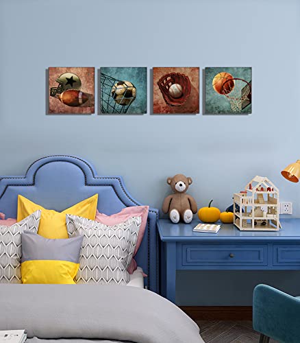 Boys Room Decor Framed Sports Wall Art Decor For Kids Bedroom Rustic Basketball Soccer Football Baseball Rugby Posters Sport Theme Posters Blue Sport Canvas Wall Art Christmas Gift For Kids Teen Boys Girls Nursery Room Decor 12”X12”, 4 Pieces #TOP3