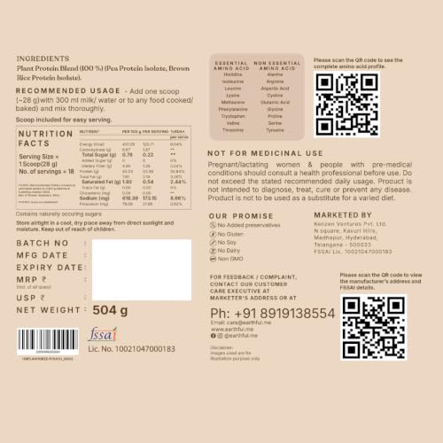 Image of Earthful Honest Plant Protein | 24g Protein /Serving & 4.9g BCAAs | For Weight Management, Energy, Muscle Support & Recovery | Made with Pea & Brown Rice | Unflavoured - 504g