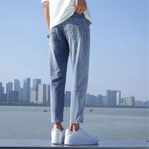 Men Stretch Ankle Length Jeans Light Blue Cotton Slim Fit Denim Pants Korean Trousers Blue-03 294