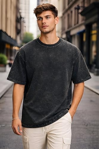 Image of Amazon Brand - Anarva Men's Oversized Acid Wash T-Shirt | Premium Cotton Relaxed Fit | Drop Shoulder Half Sleeve Casual Streetwear Tee for Men