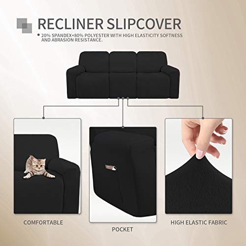 Image of Easy-Going 8 Pieces Microfiber Stretch Sectional Recliner Sofa Slipcover Soft Fitted Fleece 3 Seats Couch Cover Washable Furniture Protector with Elasticity for Kids Pet(Recliner Sofa,Black)