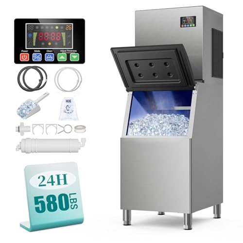 580LBS/24h Commercial Ice Maker Machine with 450 LBS Storage Bin, Ice Ready in 8-15 Min, ETL...