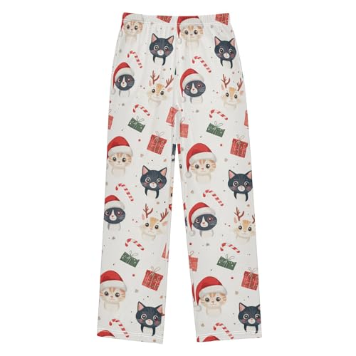 Cat and Candy Cane Boys Long Pants Soft Trousers Elastic Waist Kids Lounge Bottoms with Pockets S-XL