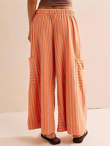 ebossy Womens Drawstring Striped Palazzo Pants Colorful Wide Leg Trousers Y2K Flowy Beach Pants with Pockets2