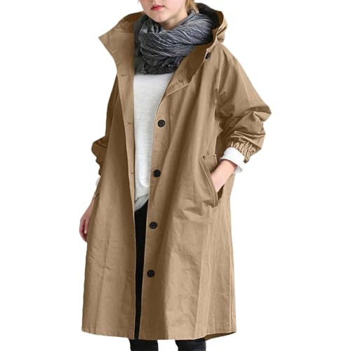 Girls Long Hooded Trench Coat Single Breasted Button Elastic Cuffs Jacket