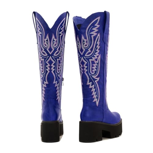 Image of Uillnoodu Wide Calf Cowboy Boots Women Adjustable Lace Up Knee High Tall Plus Size Cowgirl Boots Western Style Comfortable 2-Inch Heel