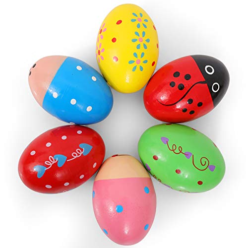 6 Pack Wooden Shakers Easter Eggs, Special Design Musical Shake Egg for Toddlers Kids Toy Easter Basket Stuffers Fillers Gifts