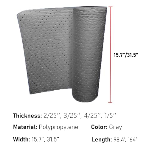 Universal Oil Absorbent Mat Roll- Thk. 2/25'', 3/25'', 4/25'', 1/5'', Heavy-duty Oil Pad, Spill Control Pad for Snake To Soak Up Any Oil, Diesel, Water, Fuel or Hydrocarbon Based Fluids(W 15.7'',LxThk