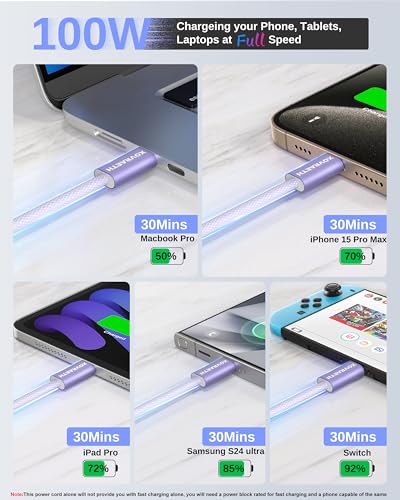 Image of USB C to USB C Cable, 10ft, 100W PD 5A Fast Charging Cord, Aluminum Connector & Nylon Braided Type C Charger Cord for iPhone 17 /16 /15, MacBook Air /Pro, iPad Pro, Samsung S25 /S24 /S23, Pixel 10(Purple)