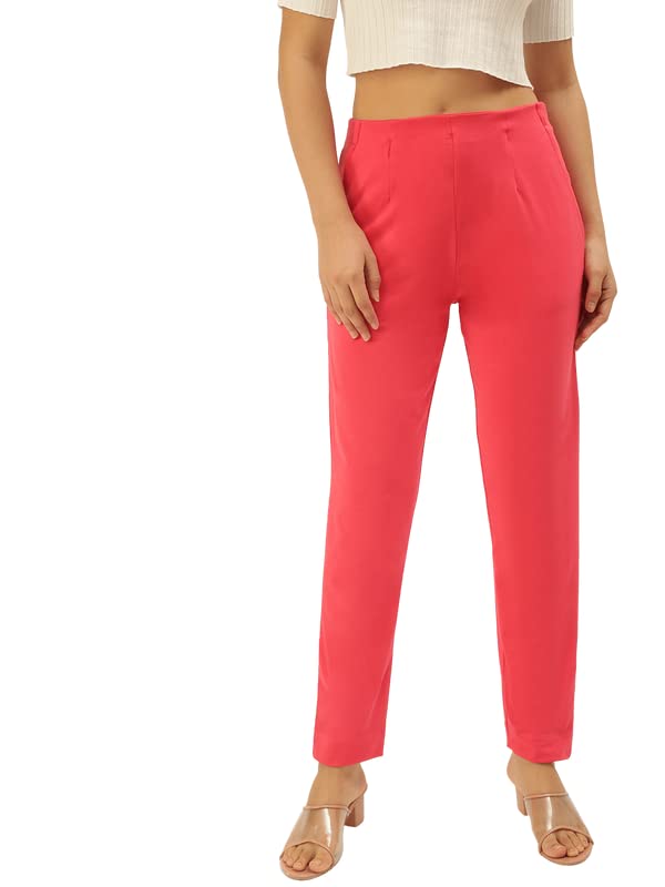 Image of De Moza Women Pencil Fit Cigarette Pant | 95% Cotton 5% Elastane | Mid Rise | 2 Pockets | Casual & Office Wear
