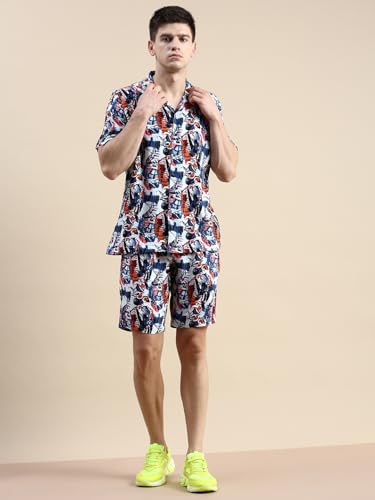 Image of SHOWOFFFF Men Printed Two-Piece Co Ords | Cuban Collar Half Sleeves Cotton Co-Ords for Mens | Mid-Rise Relaxed Fit Regular Length Co-Ord for Men's