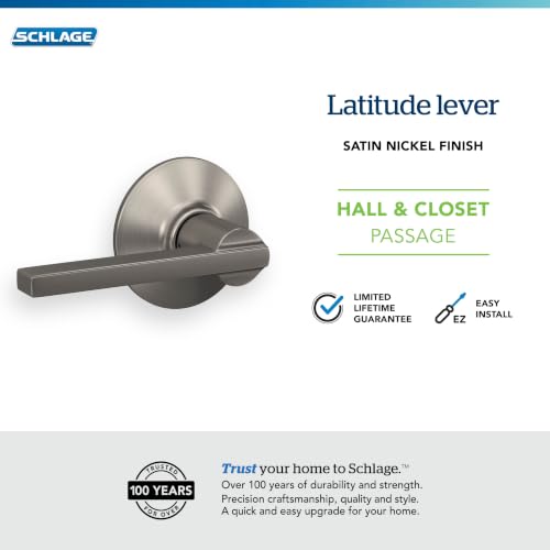 Image of SCHLAGE Latitude Hall /Closet Passage Door Handle, Reversible, Satin Nickel | Hall or closet lever door handle with no lock, Easy to install, Certified durability, Universal fit