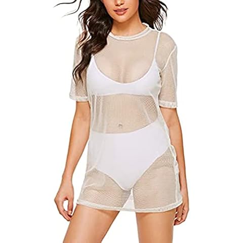 WuLun® Women's Sexy Cover Ups Short Sleeve See Through Gauze Mesh T-Shirt Dress (White02, x_l) Cover