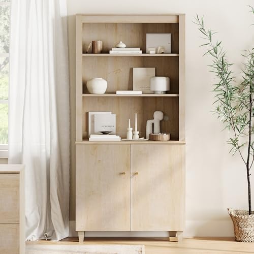 Image of WAMPAT 71 inch Tall Bookcase with Doors & Storage Cabinet, Modern 5-Tier Bookshelf with Adjustable Shelf, Floor Standing Wooden Display Book Shelf for Home Office, Living Room, Bedroom, Light Oak