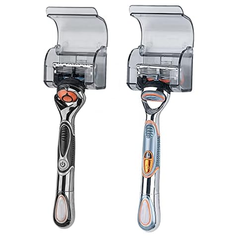 LUEXBOX 2 Pcs Plastic Razor Holders with Cover for Shower Wall, Self Adhesive Waterproof Razor Rack for Bathroom, Compatible with Fusion 5 Proglide, Mach 3 Classic(Grey) Cover