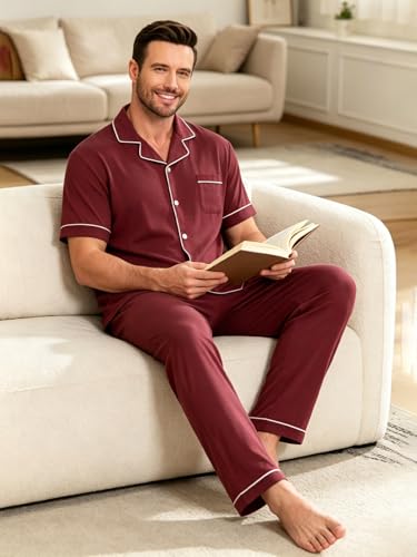 Image of Men's Short Sleeve Pajama Set, Soft Cotton Button Down Sleepwear Top & Long Pants, Loungewear PJs with Pockets S-XXXL