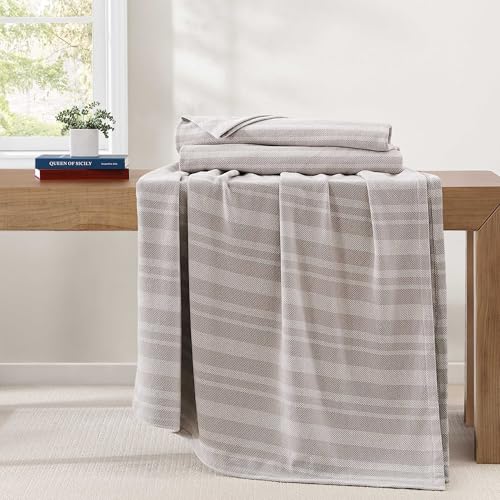 Image of Tommy Hilfiger - King Cotton Blanket, Fade Resistant Yarn-Dyed Cotton Bedding, Medium Weight Soft Blanket, Ideal for Layering, Oeko-TEX Certified (Harbor Stripe Grey)