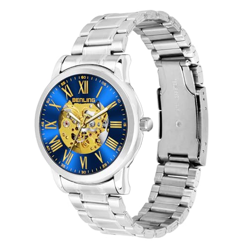 Image of Benling Skeleton Analog Automatic Watch for Men, Mechanical Movement, Leather Strap, Formal Casual Party Official Purpose