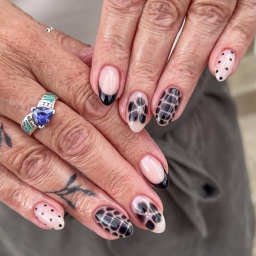 Image of Black Press on Nails Polka Dots Fake Nails Short Almond False Nail with Alligator Print Design Flower Glue on Nails Artificial Acrylic Glossy Full Cover Stick on Nail for Women Manicure 24Pcs