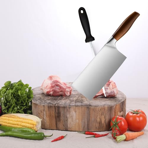 Image of Machado Forging Serbian Chef Knife Set - 12 inch Full Tang High Carbon Clad Steel Butcher Cleaver with Knife Sharpener - Perfect for Vegetables, Fish, Meat - Ideal for Kitchen, Hotel, Restaurant