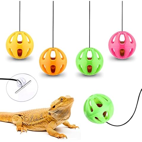 Zomiboo 4 Pack Bearded Dragon Toys Colourful Reptile Toy Bell Balls with Suction Cup and Rope Plastic Lizard Balls for Bearded Dragon Lizard Gecko Small Pets Animals Supplies, 4 Colors Cover