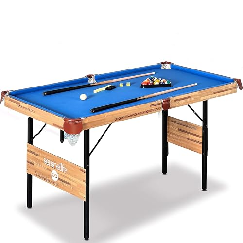 SereneLife Billardtisch, Mini Billardtisch Klappbar, Pool Table 137x74x78cm, Tischbillard- für Kinder mit Zubehör: 2 Queues, Kugeln, Dreieck, Kreide, Pool Tisch für Zuhause, blau