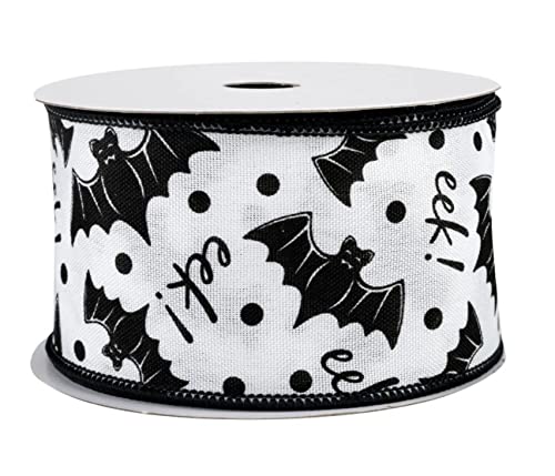Image of Bats Eek! Halloween Wired Ribbon - 2 1 /2 inch x 10 Yards, Black & White, Wreath, Trick or Treat, Party, Haunted House, Fundraiser, Classroom, Daycare