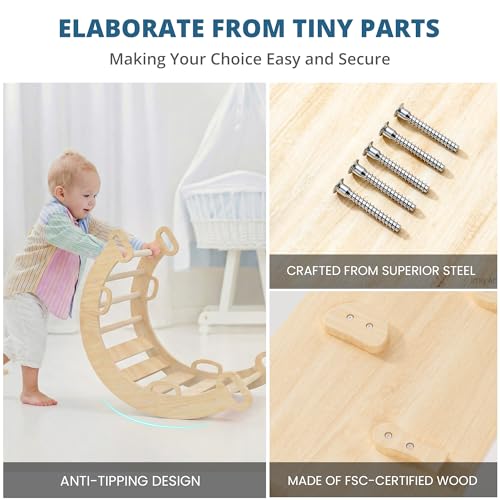 Image of BlueWood Pikler Triangle Set, Toddler Wooden Climbing Toys Indoor 7in1 Climber, Foldable Kids Climbing Toys, Montessori Play Jungle Gym with Arch, Ramp, Ladder (Natural)