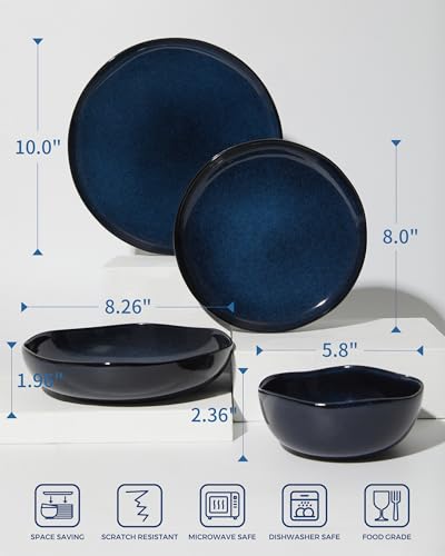 Image of Plates and Bowls Sets, 16 Pieces Dinnerware Set for 4 with Pasta Bowls, Handmade Dishes Set, Chip Resistant Dishware Sets, Microwave Safe Dinner Set, Designed for Interactive Meals, Starry Blue