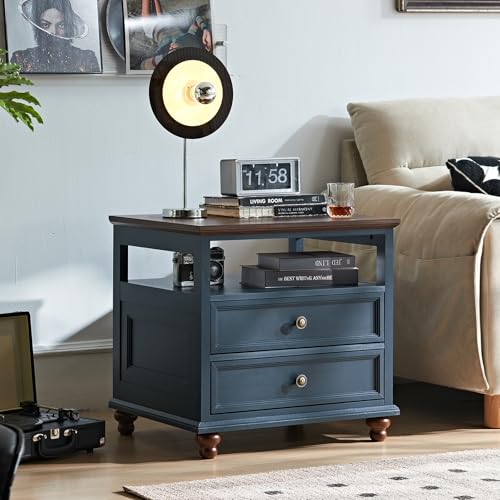 LELELINKY Blauer Nachttisch im Landhausstil, 61 cm breiter Beistelltisch mit 2 Schubladen, Kommode für Schlafzimmer, Wohnzimmer, Arbeitszimmer, Büro