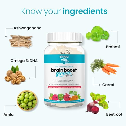 Image of Zingavita DHA Brain Gummies with Honey for Kids (2+ years), Power of KSM-66 Ashwagandha Extracts for Enhanced Brain Health,100% Veg, No Added Sugar, Pack of 2 | 30 Gummies (Strawberry?Lemon)