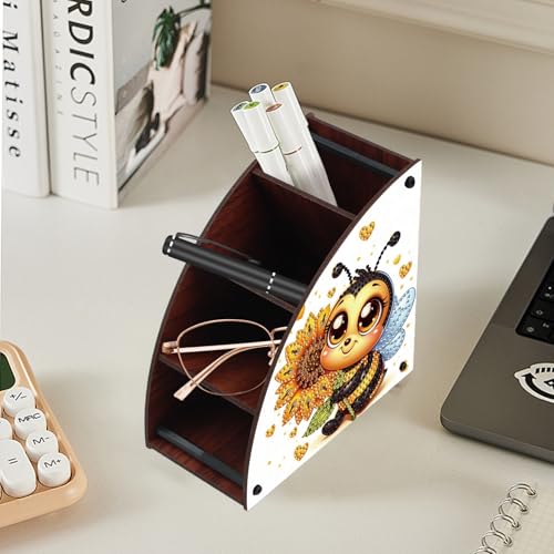 Image of Bee and Sunflower Diamond Painting Organizer - DIY Wooden Multi-Compartment Desktop Storage Box, Rustic Tabletop Craft Kit for Adults Home or Office Use