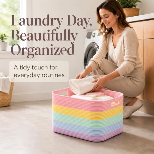 Image of 22.8GAL Extra Large Collapsible Laundry Basket for Dirty Clothes,Shoes, Sturdy Portable Aesthetic Boho Heavy Duty Wicker Hamper for Living Room Thow Pillows Blankets Storage Organizer,Rainbow Pastel