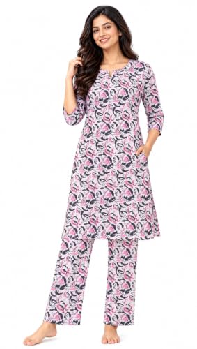 Image of Duchess Women's 100% Pure Cotton Printed Night Suit | Stylish Long Length Top & Pyjama Set | Ultra Soft, Breathable Sleepwear & Loungewear Homewear Nightwear Set | Plus Size Friendly