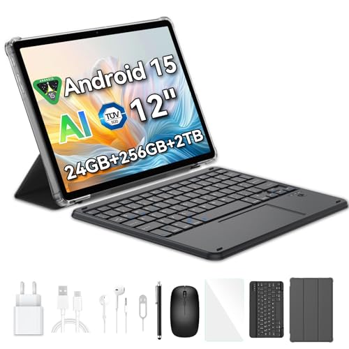 Blackview Mega 2 Tab 12 Pulgadas Tablet Android 15 Dual 4G LTE y 5G WiFi,24GB RAM+256GB ROM/2TB TF,Cámaras IA,9000 mAh,Widevine L1/GPS/WPS/PC Tableta con Teclado,Ratón,Funda Protectora,Lápiz Óptico