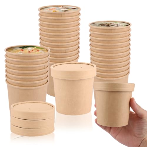 50 Stück 360ml Einweg Suppenbecher, Braun Suppenbecher to Go mit Deckel, Eisbecher Pappe mit Deckel, Pappbecher Speisebecher für Eiscreme, Suppe, Mikrowellengeeignet und Gefrierbar