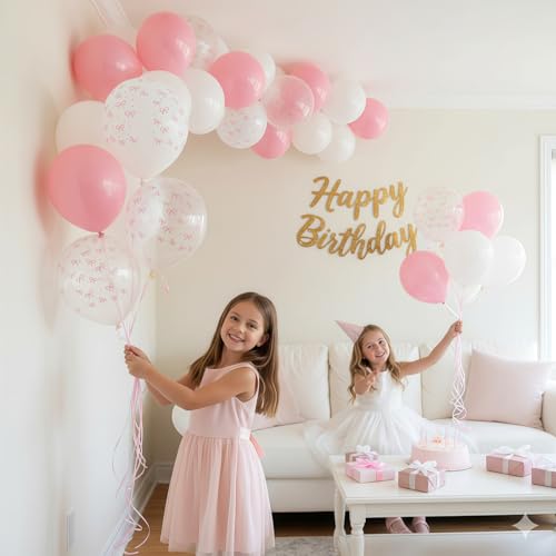 Image of HILAVO Pink Bow Balloons, 12 Inch Pastel Light Pink Transparent White Bow Print Coquette Balloon for Girls Women Birthday Bachelorette Party Bridal Baby Shower Wedding Anniversary Decorations Supplies