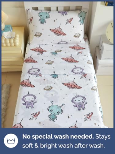 Image of Kids Twin Size Robot Bed Sheets - 3 Piece Kids Robot Sheet Set - Galaxy Space Bedding - Ultra-Soft, Cute & Cozy - Breathable & Machine Washable - Wonderful Bed Set for Boys, Girls, Teens & Toddlers